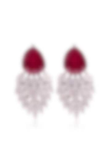 White Finish Cubic Zirconia & Pear-Shaped Red Stone Dangler Earrings In Sterling Silver by PRATA at Pernia's Pop Up Shop