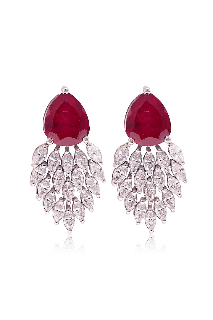 White Finish Cubic Zirconia & Pear-Shaped Red Stone Dangler Earrings In Sterling Silver by PRATA at Pernia's Pop Up Shop