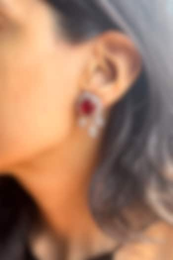 White Finish Cubic Zirconia & Pear-Shaped Red Stone Dangler Earrings In Sterling Silver by PRATA at Pernia's Pop Up Shop