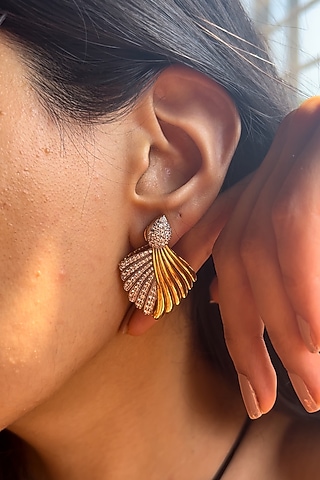 Gold Finish Round Cubic Zirconia Feather Earrings In Sterling Silver by PRATA