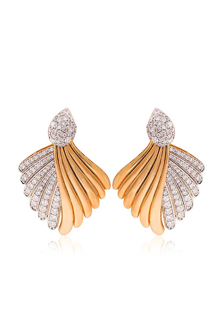 Gold Finish Round Cubic Zirconia Feather Earrings In Sterling Silver by PRATA at Pernia's Pop Up Shop