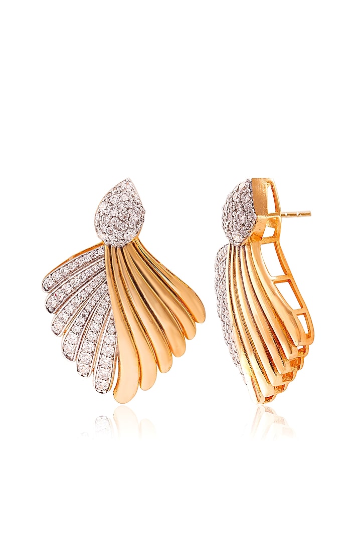 Gold Finish Round Cubic Zirconia Feather Earrings In Sterling Silver by PRATA at Pernia's Pop Up Shop
