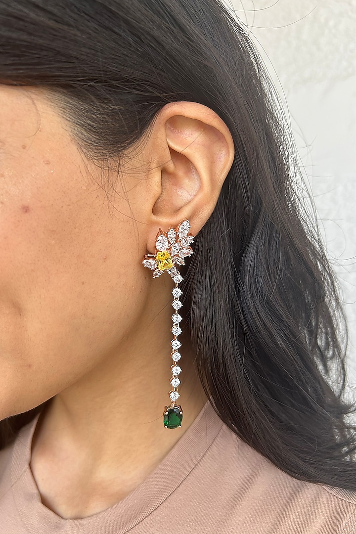 Gold Finish Cubic Zirconia & Green Stone Dangler Earrings In Sterling Silver by PRATA at Pernia's Pop Up Shop