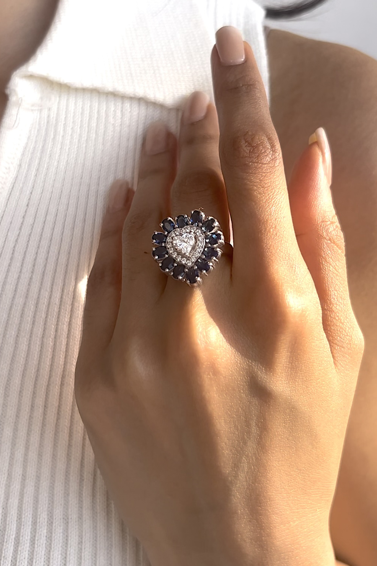 White Finish Heart-Shaped Cubic Zirconia & Blue Stone Ring In Sterling Silver by PRATA at Pernia's Pop Up Shop