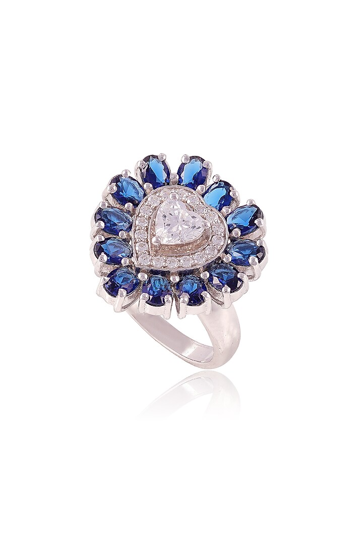 White Finish Heart-Shaped Cubic Zirconia & Blue Stone Ring In Sterling Silver by PRATA at Pernia's Pop Up Shop