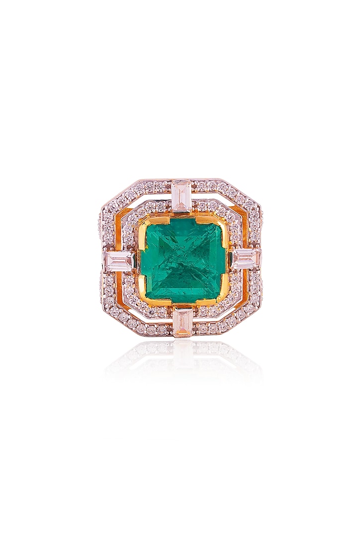 Gold Finish Doublet Emerald Green Stone & Cubic Zirconia Ring In Sterling Silver by PRATA at Pernia's Pop Up Shop