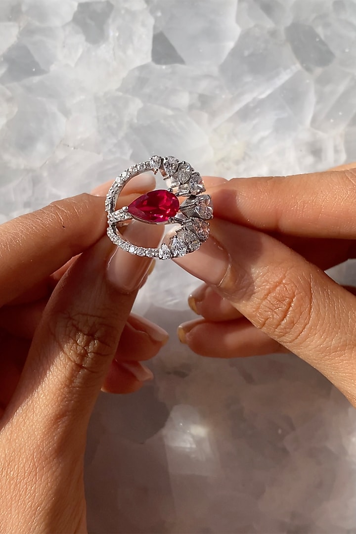 White Finish Pear Cubic Zirconia & Red Stone Ring In Sterling Silver by PRATA at Pernia's Pop Up Shop