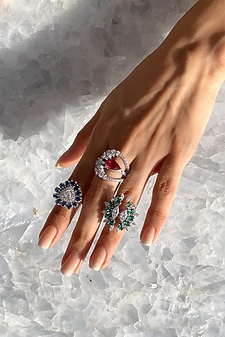 White Finish 0.5ct Marquise-Cut Cubic Zirconia & Green Stone Ring In Sterling Silver by PRATA