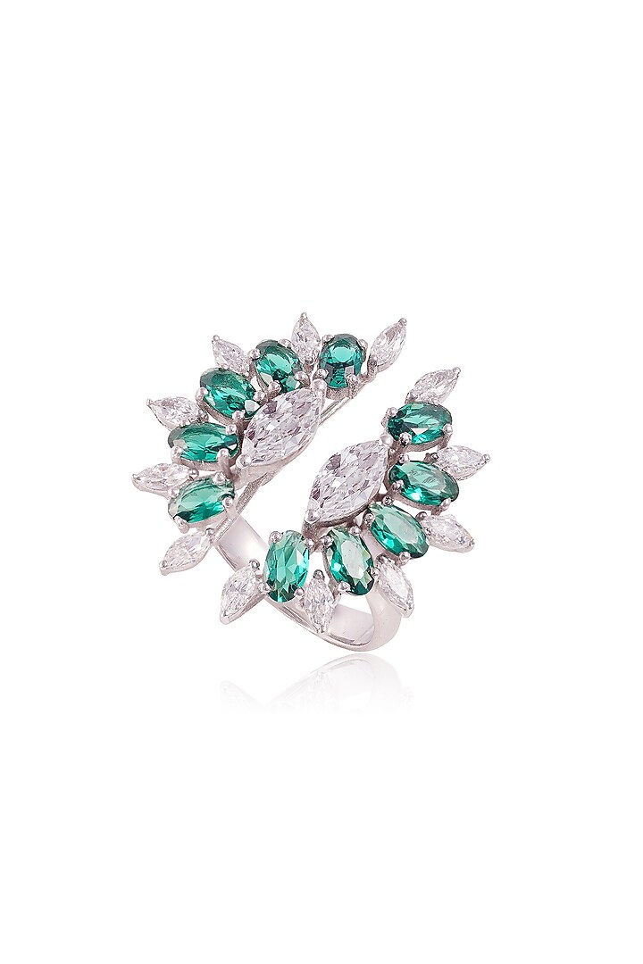 White Finish 0.5ct Marquise-Cut Cubic Zirconia & Green Stone Ring In Sterling Silver by PRATA at Pernia's Pop Up Shop