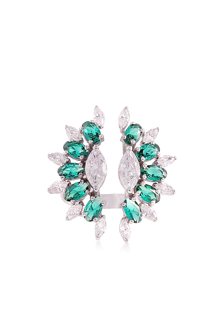 White Finish 0.5ct Marquise-Cut Cubic Zirconia & Green Stone Ring In Sterling Silver by PRATA at Pernia's Pop Up Shop