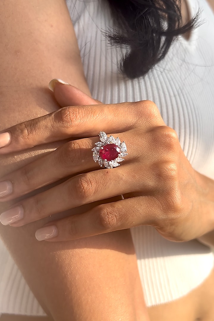 White Finish Oval Cubic Zirconia & Pear-Cut Red Stone Ring In Sterling Silver by PRATA at Pernia's Pop Up Shop