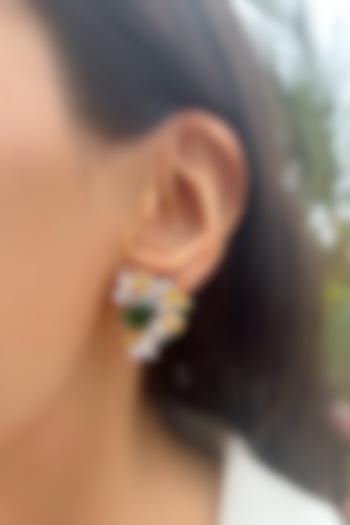 White Finish Fancy-Cut Cubic Zirconia & Emerald-Cut Green Stone Stud Earrings In Sterling Silver by PRATA at Pernia's Pop Up Shop