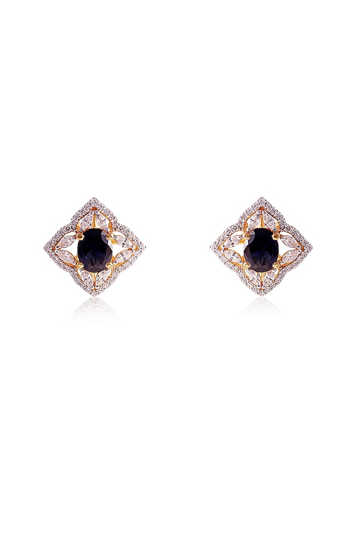 Gold Finish Marquise-Cut Cubic Zirconia & Oval Blue Stone Floral Stud Earrings In Sterling Silver by PRATA at Pernia's Pop Up Shop