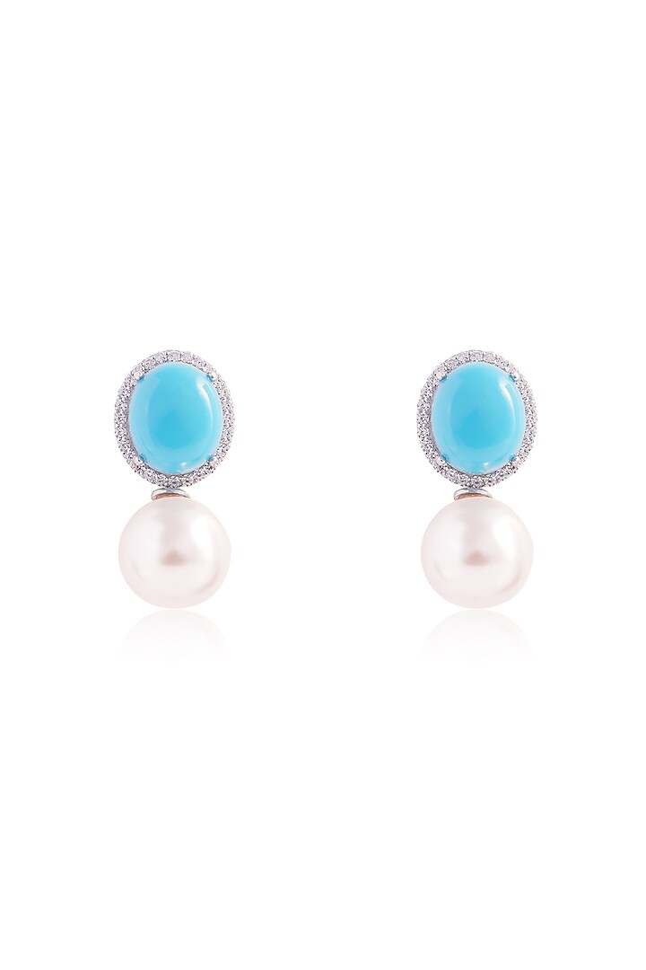 Gold Finish Imported Cubic Zirconia & Oval Turquoise Stone Stud Earrings In Sterling Silver by PRATA at Pernia's Pop Up Shop