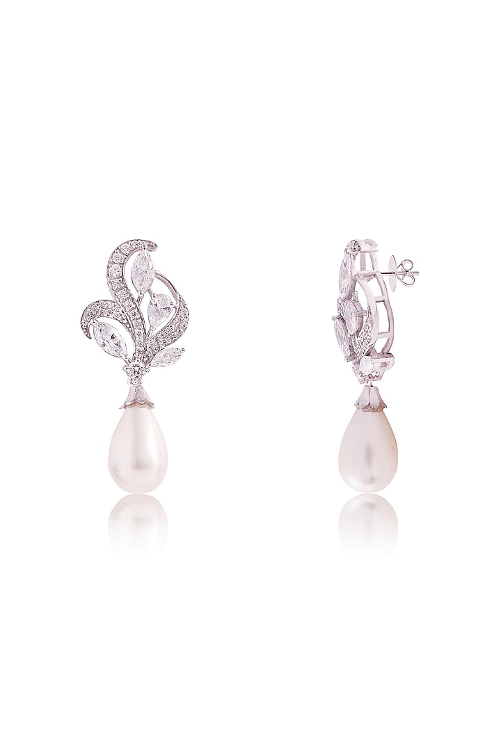 White Finish Imported Cubic Zirconia & Pearl Drop Dangler Earrings In Sterling Silver by PRATA at Pernia's Pop Up Shop