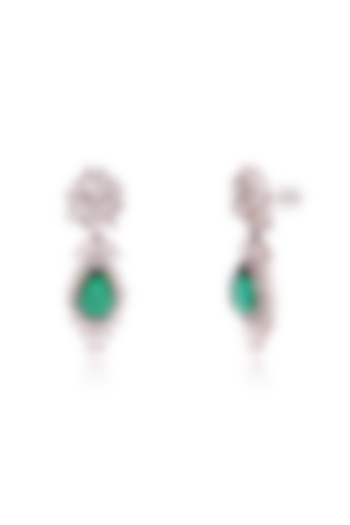 White Finish Fancy-Cut Cubic Zirconia & Pear-Cut Emerald Green Drop Dangler Earrings In Sterling Silver by PRATA at Pernia's Pop Up Shop