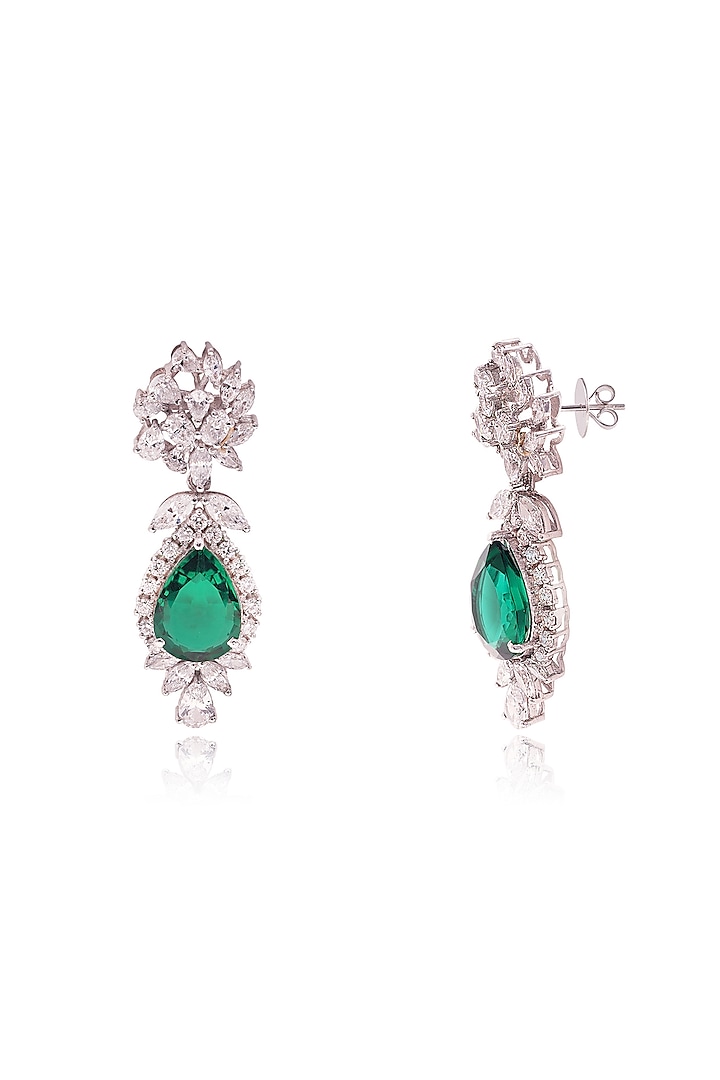 White Finish Fancy-Cut Cubic Zirconia & Pear-Cut Emerald Green Drop Dangler Earrings In Sterling Silver by PRATA at Pernia's Pop Up Shop