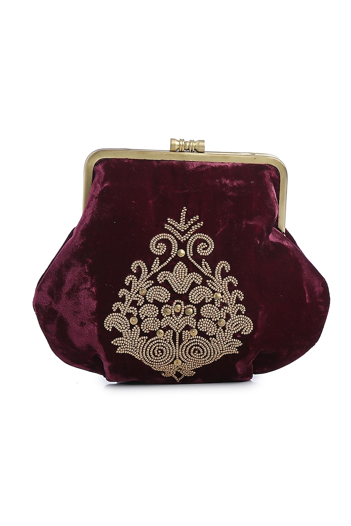 Maroon Gold Embroidered Velvet Box Clutch by Praccessorii