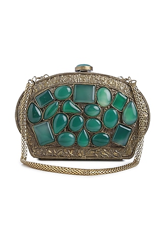 Gold Embellished Shell Clutch by Praccessorii