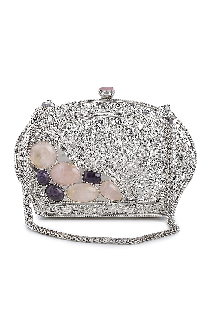Silver Embellished Shell Clutch by Praccessorii at Pernia's Pop Up Shop