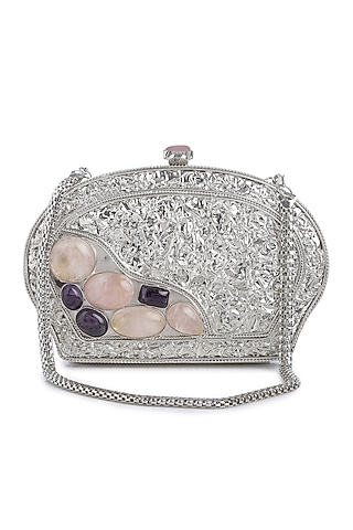 Silver Embellished Shell Clutch by Praccessorii