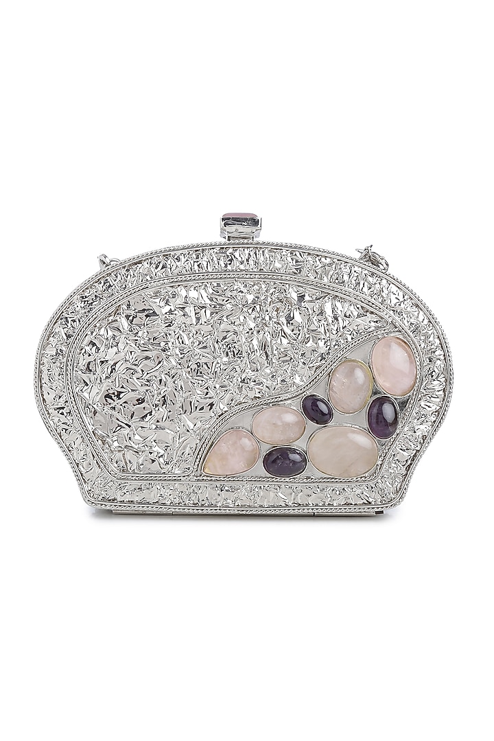 Silver Embellished Shell Clutch by Praccessorii at Pernia's Pop Up Shop