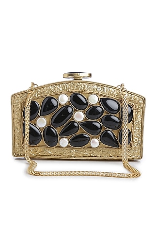 Gold Pearl Embellished Clutch by Praccessorii