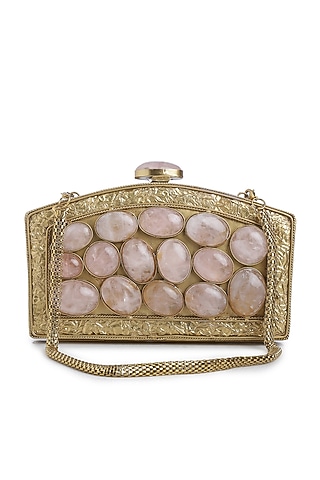 Dull Gold Gemstones Embellished Clutch by Praccessorii