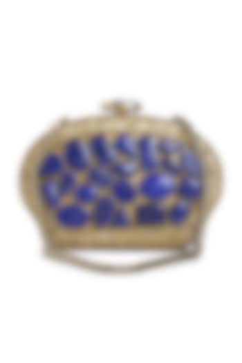 Dull Gold Lapis Lazuli Embellished Shell Clutch by Praccessorii