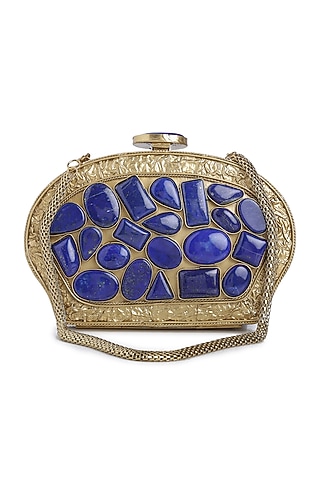 Dull Gold Lapis Lazuli Embellished Shell Clutch by Praccessorii