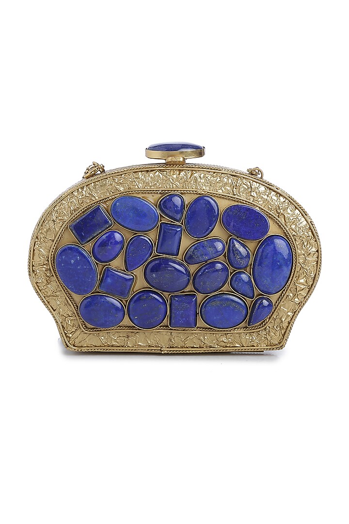 Dull Gold Lapis Lazuli Embellished Shell Clutch by Praccessorii at Pernia's Pop Up Shop