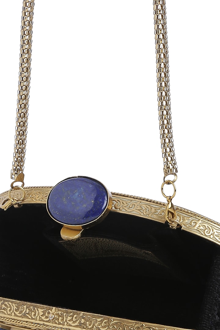 Dull Gold Lapis Lazuli Embellished Shell Clutch by Praccessorii at Pernia's Pop Up Shop