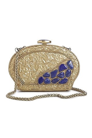 Dull Gold Embellished Shell Clutch by Praccessorii