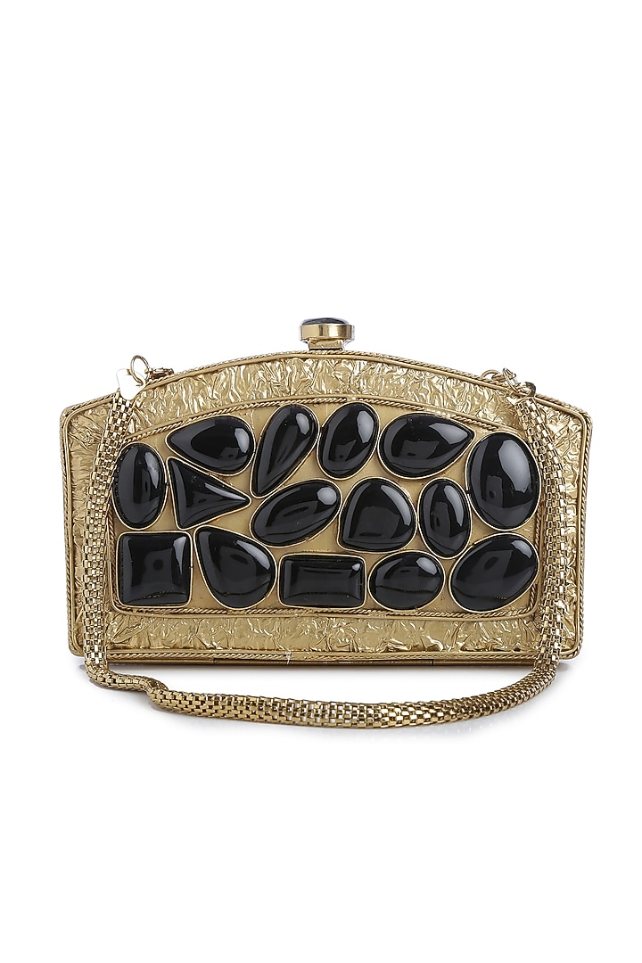 Dull Gold Black Gemstones Embellished Clutch by Praccessorii at Pernia's Pop Up Shop