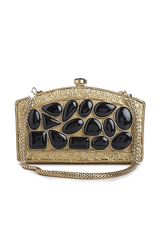 Dull Gold Black Gemstones Embellished Clutch by Praccessorii