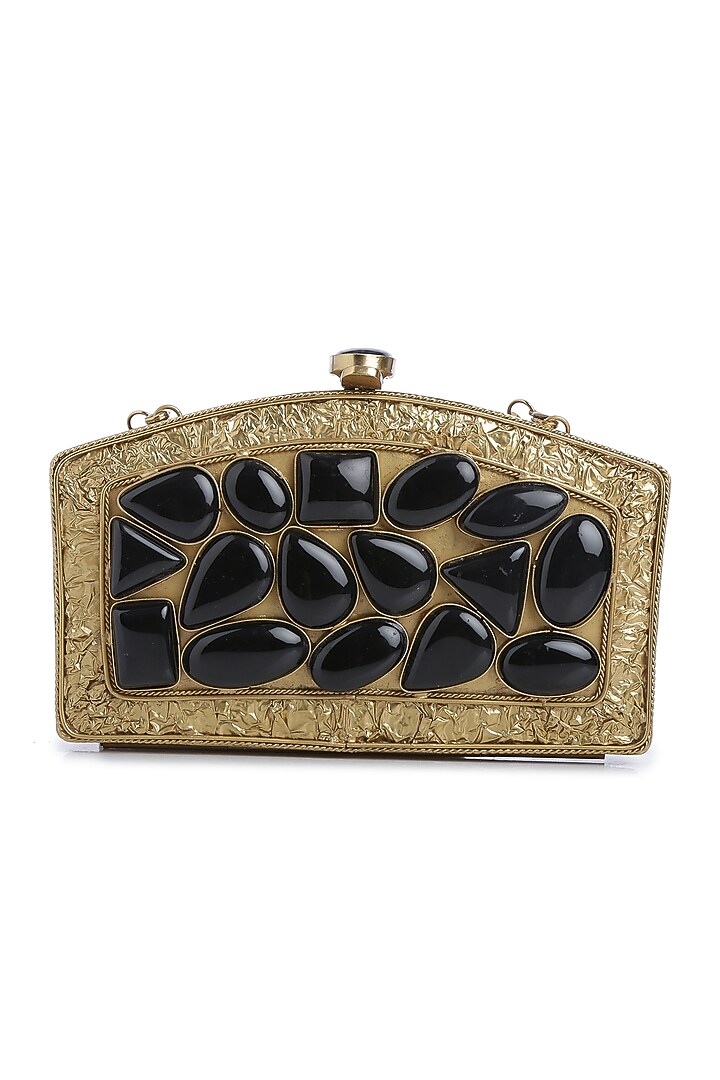 Dull Gold Black Gemstones Embellished Clutch by Praccessorii at Pernia's Pop Up Shop