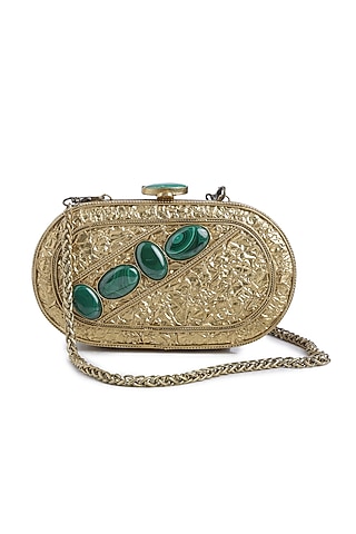 Dull Gold Embellished Capsule Clutch by Praccessorii