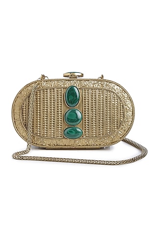 Dull Gold Malachite Gemstone Embellished Clutch by Praccessorii