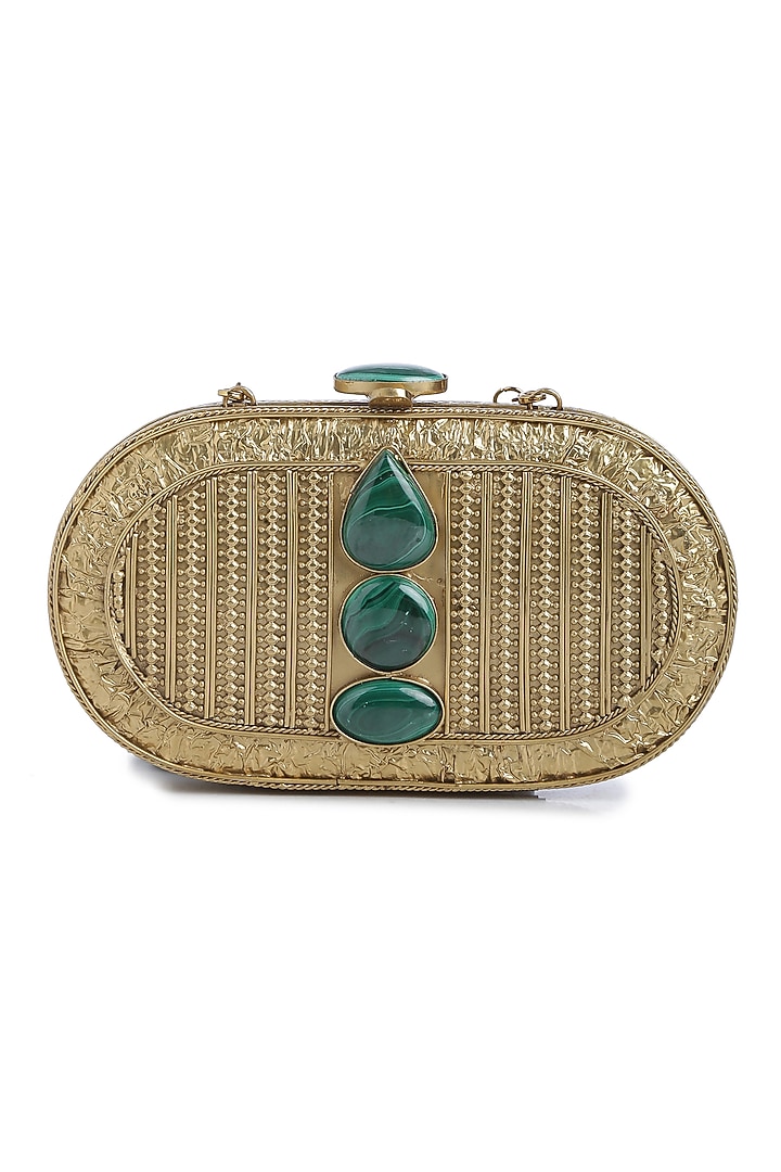 Dull Gold Malachite Gemstone Embellished Clutch by Praccessorii at Pernia's Pop Up Shop