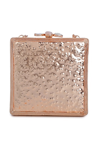 Gold Embellished Rectangle Shell Clutch by Praccessorii