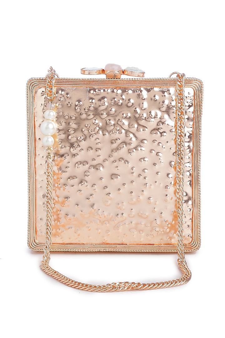 Gold Embellished Rectangle Shell Clutch by Praccessorii at Pernia's Pop Up Shop