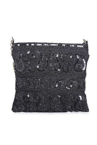 Black Embroidered Sling Bag by Praccessorii