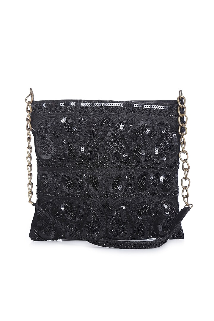Black Embroidered Sling Bag by Praccessorii at Pernia's Pop Up Shop