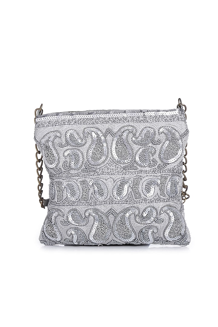 Silver Embroidered Sling Bag by Praccessorii
