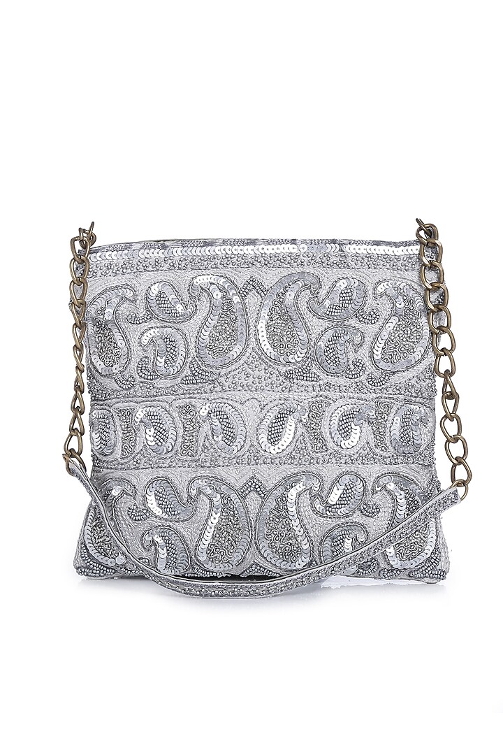 Silver Embroidered Sling Bag by Praccessorii at Pernia's Pop Up Shop