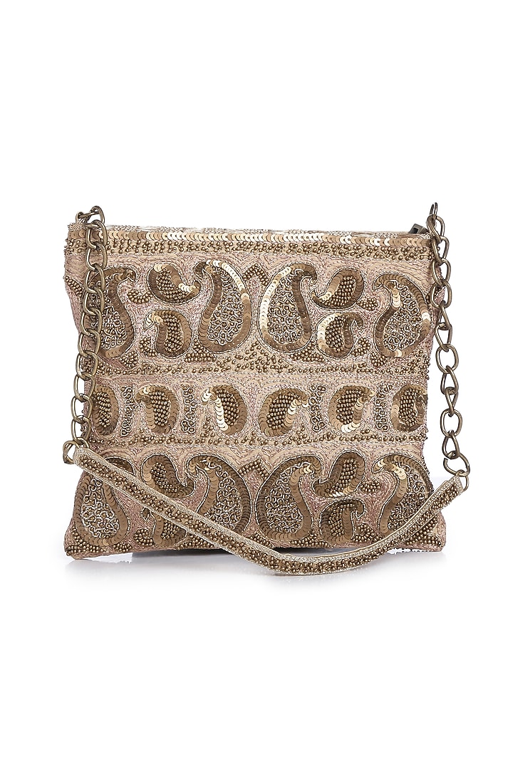 Golden Embroidered Sling Bag by Praccessorii at Pernia's Pop Up Shop