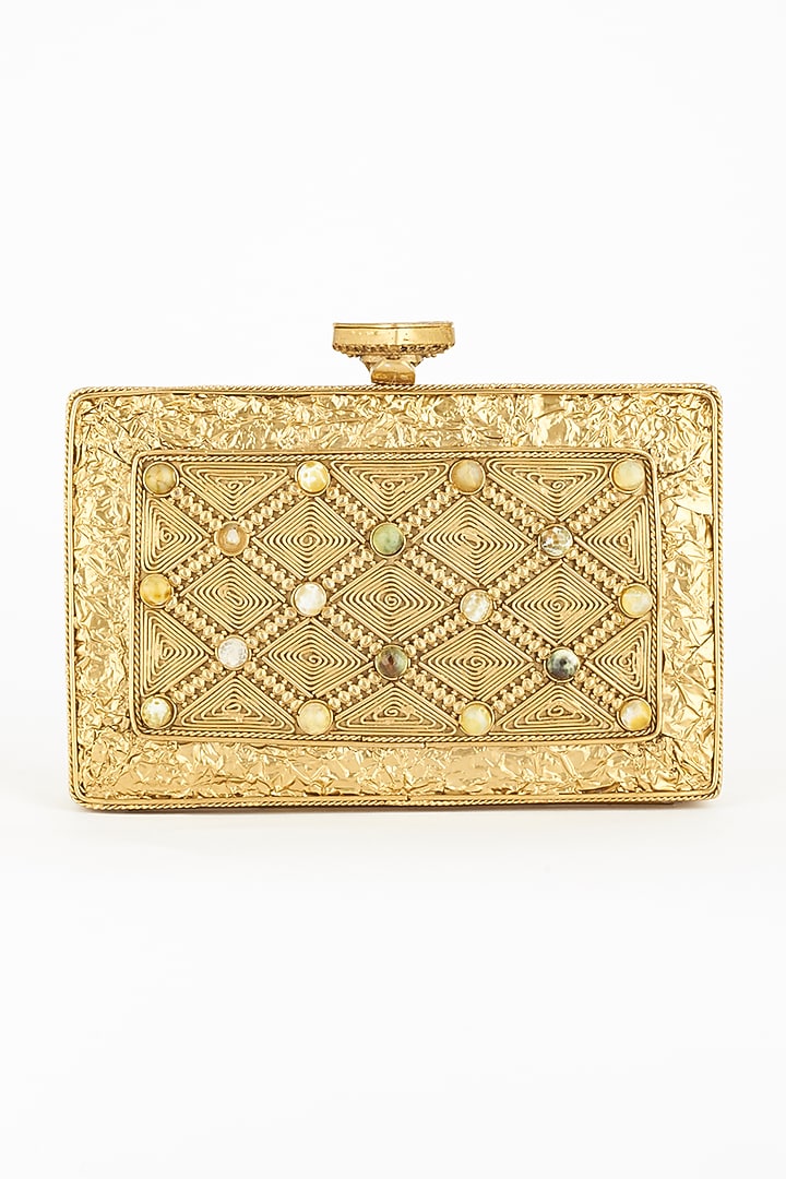 Golden Metal Clutch With Gemstones by PRACCESSORII at Pernia's Pop Up Shop