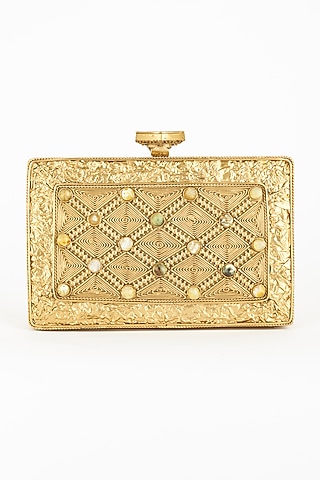 Golden Metal Clutch With Gemstones by PRACCESSORII