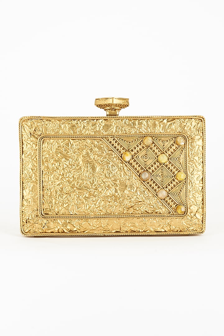Golden Metal Clutch With Gemstones by PRACCESSORII at Pernia's Pop Up Shop