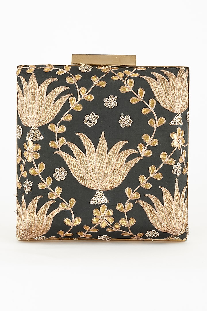 Black & Gold Hand Embroidered Clutch by PRACCESSORII at Pernia's Pop Up Shop